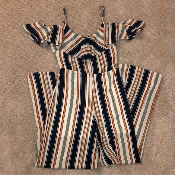 Japna Pants - Japna Striped Cold Shoulder Jumpsuit, M